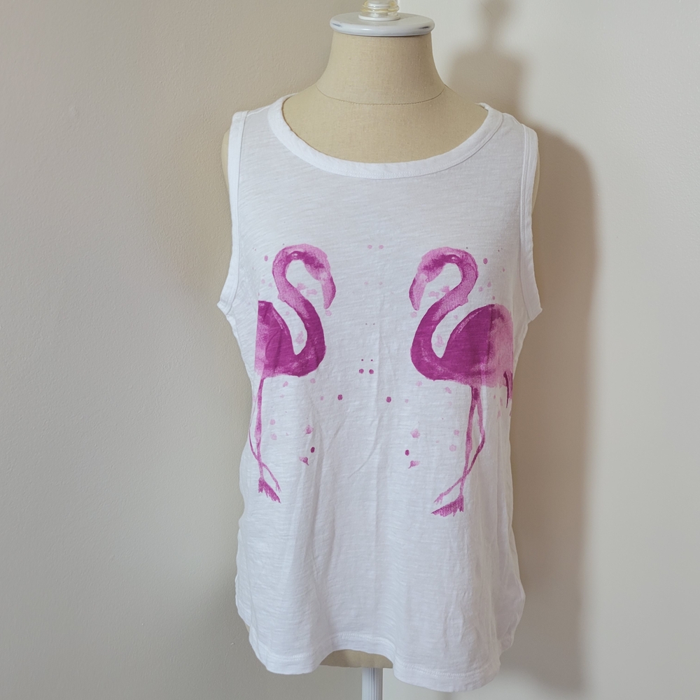 NWT Lucky Brand White Tank Top with Pink Flamingos Size M